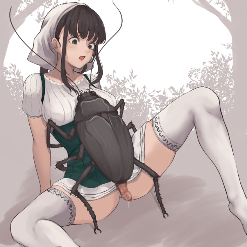 arm_support bangs blush breasts brown_eyes brown_hair bug censored clothed_rape dress female forest giant_insect head_scarf highres imminent_rape imminent_sex insect insectophilia mosaic_censoring nature open_mouth original panties penis rape ryu_insect short_sleeves sidelocks sitting thighhighs underwear white_panties white_thighhighs zoophilia