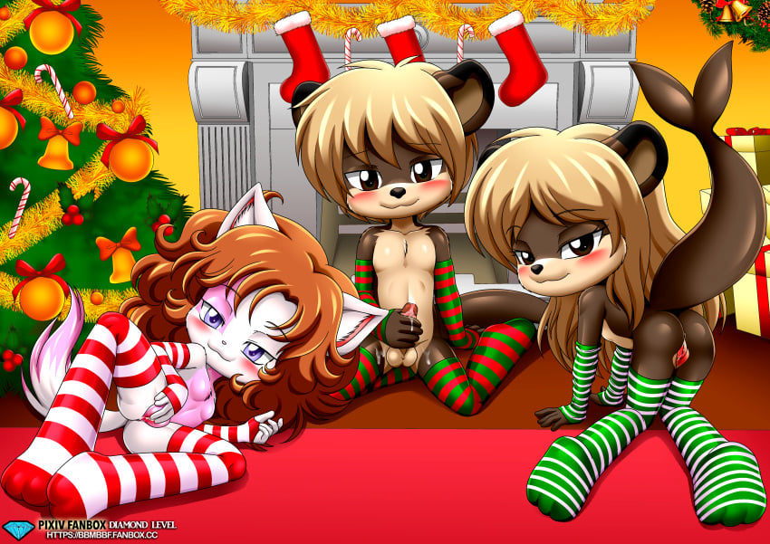 1boy 2girls anthro anus ass bbmbbf blush chani_(ajdurai) christmas diamond_level female furry jenny_(ajdurai) lee_(ajdurai) little_tails looking_at_viewer male masturbation nude palcomix penis pietros_secret_club pussy