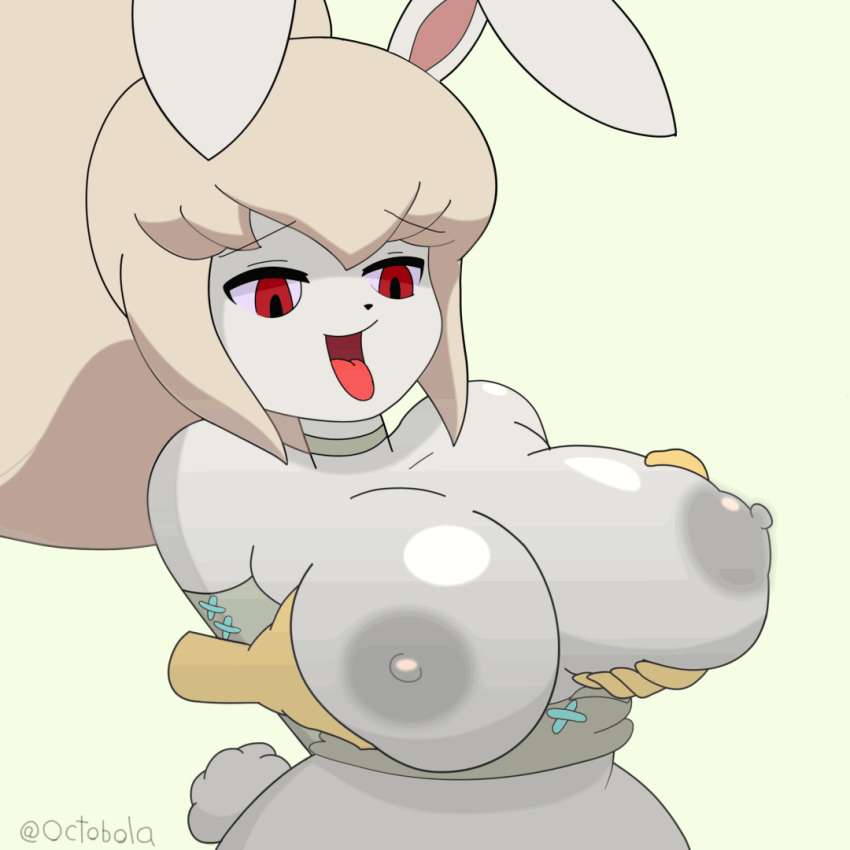 animated anthro areolae big_breasts breast_grab breasts bunny_ears bunny_girl bunny_tail female furry gif level-5 nipples octobola ponytail red_eyes snow_rabi snow_spect-hare tongue tongue_out watermark white_hair yo-kai_watch yo-kai_watch_3 youkai youkai_watch yōkai