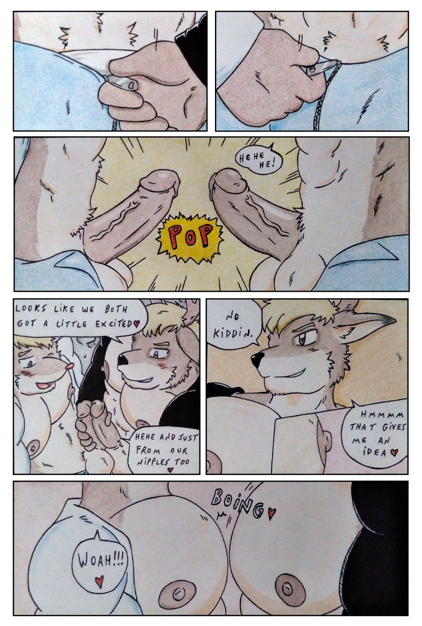 5_fingers abs absurd_res alley anthro antlers arrow_(rudolph) athletic athletic_anthro athletic_male balls balls_touching blonde_hair blush blush_lines bodily_fluids bottomwear bouncing_pecs brown_body brown_eyes brown_fur brown_nipples capreoline clothed clothing comic comic_panel confident dashthefox deer dialogue duo erect_nipples erection fingers frottage fur genitals hair heart hi_res horn horny huge_pecs jacket leather leather_clothing leather_jacket leather_topwear male male/male mammal manly muscular nipples obliques onomatopoeia open_bottomwear open_clothing open_pants pants pecs pecs_touching penis public public_nudity public_sex red_nose reindeer rudolph rudolph_the_red-nosed_reindeer rudolph_the_red_nosed_reindeer sex sound_effects speech_bubble text topwear traditional_media_(artwork) unzipped unzipping unzipping_pants zipper