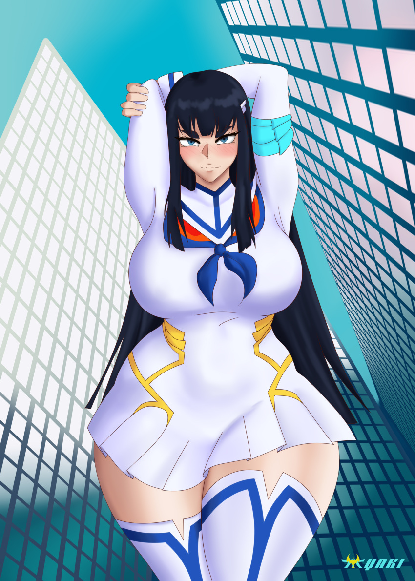 1girls arms_behind_head big_breasts black_hair blue_eyes blush female female_only fully_clothed hyper_thighs junketsu kill_la_kill kiryuuin_satsuki looking_at_viewer massive_thighs solo thighhighs thunder_thighs wide_hips yaki_chun