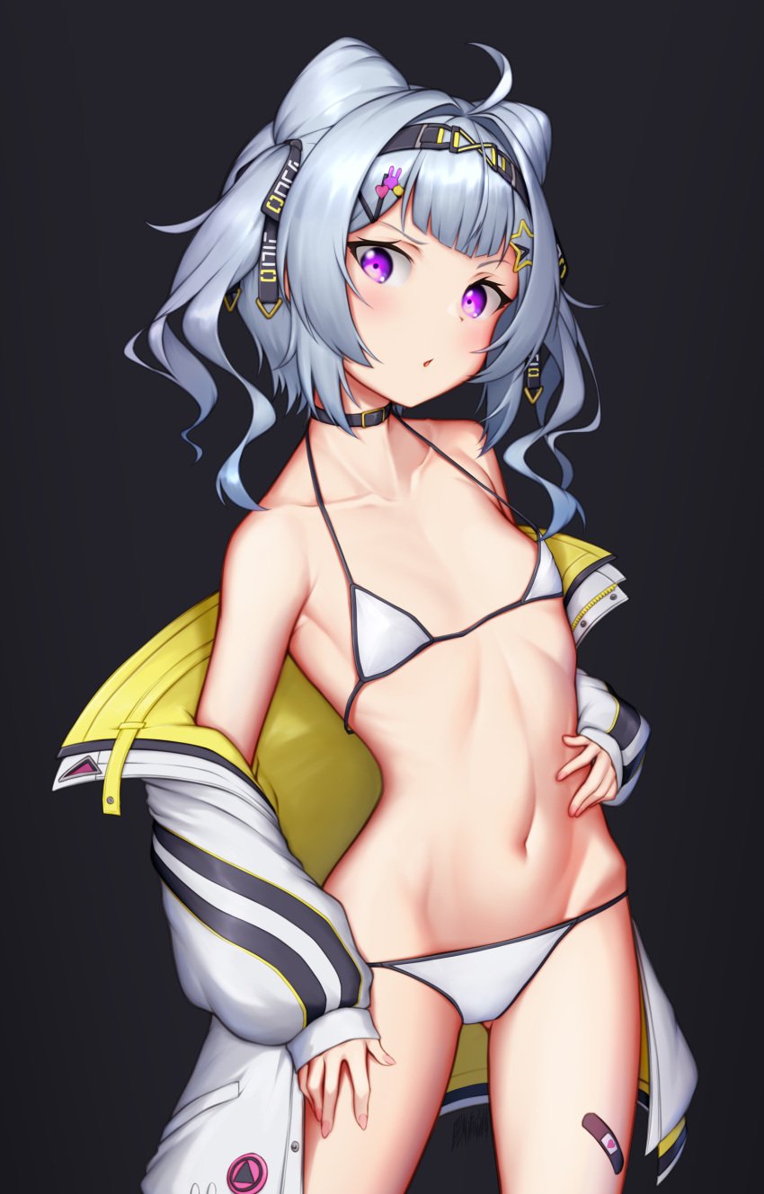 1girls ahoge bandaid bandaid_on_leg bare_midriff bare_shoulders belly_button belt_collar bikini blush choker coat coat_on_shoulders coat_open dark_background exposed_shoulders exposed_torso flat_chest gray_hair grey_hair hair_accessory hairclip headgear headwear hi_res highres looking_at_viewer midriff navel nijisanji nijisanji_en nitrus14 purple_eyes pussy small_breasts solo solo_female solo_focus tied_hair virtual_youtuber white_bikini young zaion_lanza