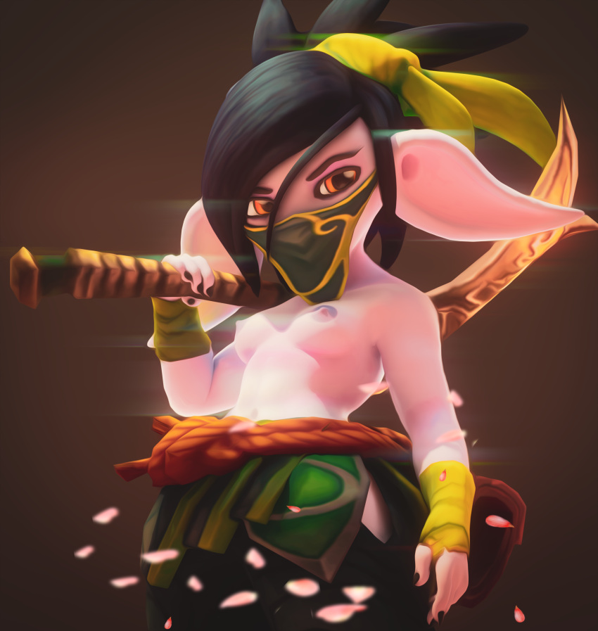 3d_(artwork) absurd_res akali anthro black_hair breasts clothed clothing costume digital_media_(artwork) female hair hi_res league_of_legends ninja nipples purple_body riot_games solo teemoty warrior weapon yordle yordlefied