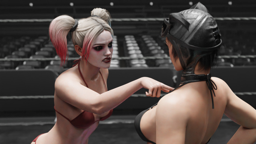 2girls 3d angry athletic athletic_female batman_(series) big_breasts bikini black_hair blonde_female blonde_hair catfight catwoman catwoman_(injustice) crackedorb dc dc_comics eyebrows eyelashes eyes female female_only fit fit_female hair harley_quinn harley_quinn_(injustice) hips injustice_2 light_skin lips makeup medium_breasts multicolored_hair netherrealm_studios pointing selina_kyle thief villain villainess wrestling wrestling_ring