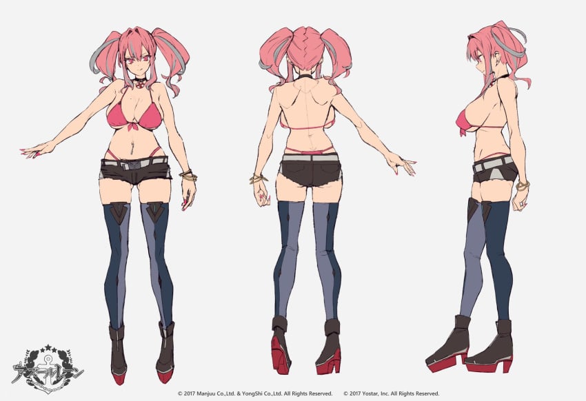 alternate_version_available azur_lane belly_button_piercing bracelets bremerton_(azur_lane) character_sheet clothed clothed_female collar daisy_dukes high_heels manjuu_(company) pink_eyes pink_hair thighhighs twintails yostar