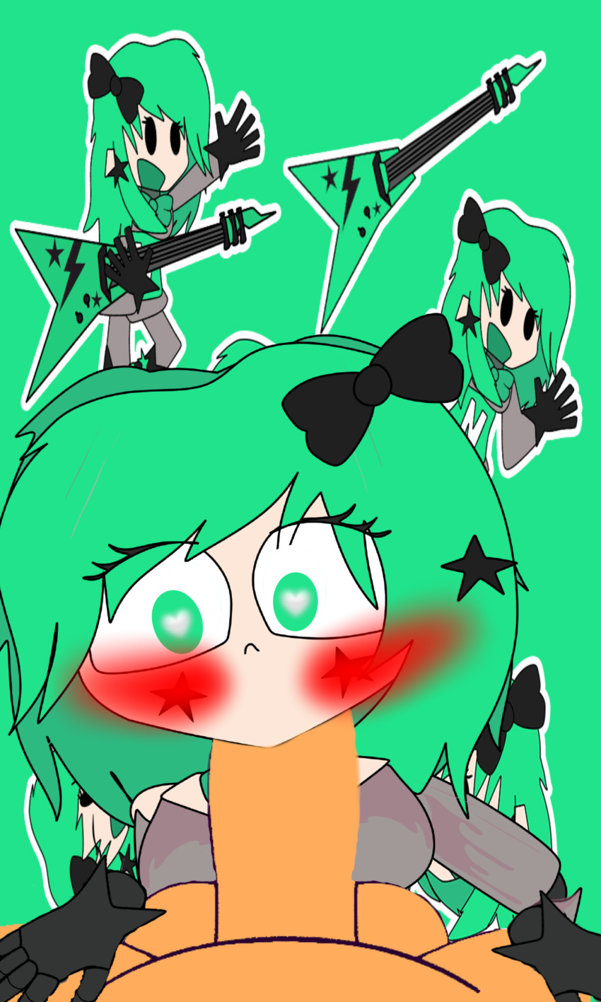 1boy 1girls artist_request black_gloves blowjob blush blushing_at_viewer bowtie clothed_female_nude_male first_person_view five_nights_at_agk_studios five_nights_at_freddy's fnatas green_eyes green_hair guitar heart-shaped_pupils looking_at_viewer male_pov medium_breasts neila neila_(five_nights_at_agk_studios) poster pov pov_eye_contact star_sticker sticker sticker_on_face straight tagme