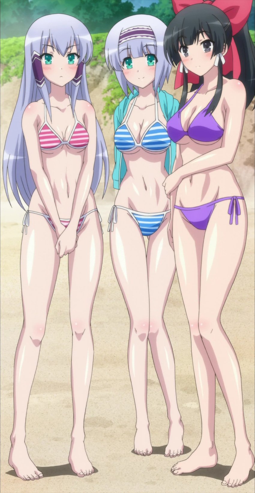 3girls accurate_art_style bangs barefoot beach big_breasts bikini black_hair blush breasts busty else_shileska feet female female_only green_eyes highres isekai_wa_smartphone_to_tomo_ni. kokonoe_yae large_breasts linse_shileska long_hair multiple_girls navel sand screencap screenshot sisters small_breasts smile stitched striped striped_bikini swimsuit third-party_edit twins voluptuous
elze_silhoueska