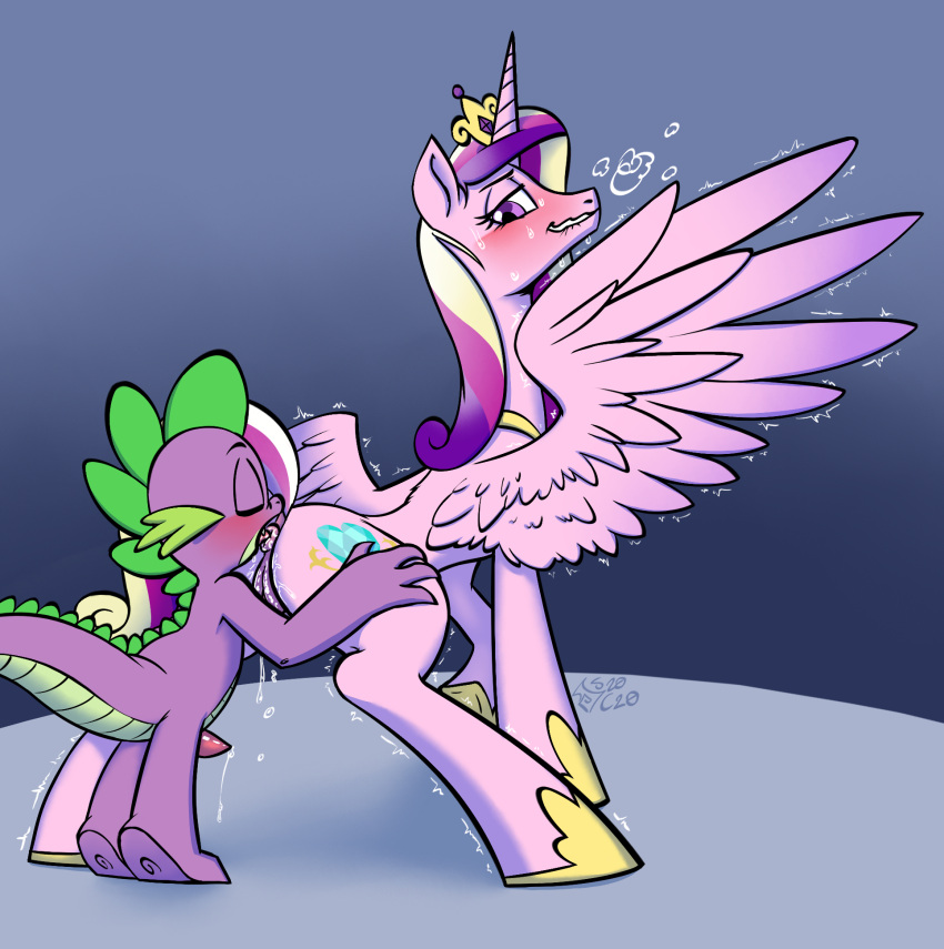 age_difference alicorn anal anthro anus ass bite biting_lip biting_own_lip blush bodily_fluids claws closed_eyes cum cum_drip cum_dripping_from_penis cunnilingus cutie_mark dragon dripping duo equid equine erection feathered_wings feathers female feral friendship_is_magic genital_fluids genitals green_spines hair hasbro heart hi_res holding_butt horn horse horse_tail larger_female licking lidded_eyes lizard lizard_tail looking_pleasured male male/female mammal multicolored_hair my_little_pony older_female open_mouth oral penis pink_body pony princess_cadance_(mlp) purple_body purple_eyes purple_scales pussy reptile rimming scales scalie self_bite sex shaking simple_background size_difference smaller_male smile soulcentinel spike_(mlp) spines spread_wings standing standing_on_toes sweat tail teeth tongue tongue_out trembling vaginal_penetration wing_boner wings young younger_male