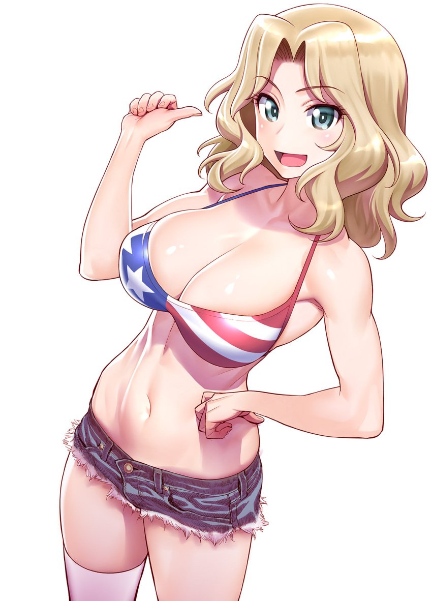 american_flag american_flag_bikini bikini blonde_hair blue_eyes blush breasts cleavage collarbone female flag_print girls_und_panzer hand_on_hip highres kay_(girls_und_panzer) large_breasts looking_at_viewer medium_hair minazuki_juuzou open_mouth pointing pointing_at_self short_sleeves simple_background solo swimsuit thighhighs white_background