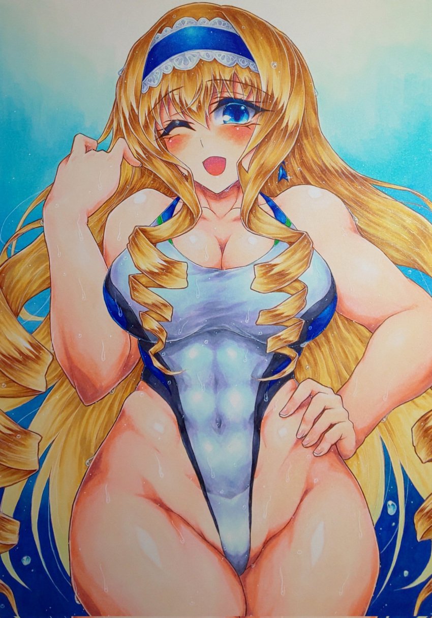 1girls big_breasts blonde_hair blue_eyes bow breasts busty cecilia_alcott child_bearing_hips cleavage covered_navel drill_hair female female_only hairbow hand_on_hip highres infinite_stratos large_breasts legs long_hair looking_at_viewer one-piece_swimsuit one_eye_closed smile swimsuit thick_thighs thighs traditional_media voluptuous wet wide_sleeves wink