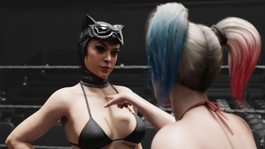 2girls 3d anti-heroine antiheroine athletic athletic_female batman_(series) big_breasts bikini black_hair blonde_female blonde_hair catfight catwoman catwoman_(injustice) crackedorb dc dc_comics eyebrows eyelashes eyes female female_only fit fit_female hair harley_quinn harley_quinn_(injustice) injustice_2 light_skin lips multicolored_hair netherrealm_studios pointing selina_kyle thief villain villainess wrestling wrestling_ring