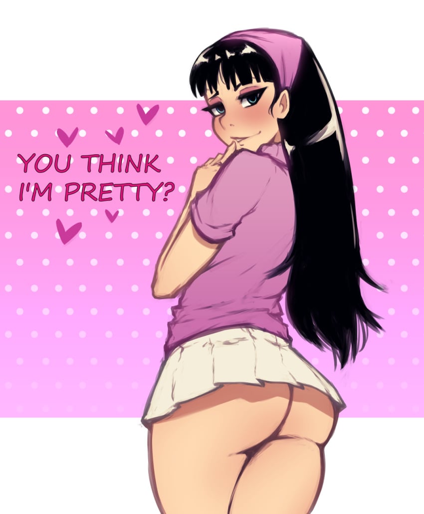 1girls ass bawdy big_ass big_butt black_hair blush border english_text eye_contact female female_only fully_clothed hairband long_hair miniskirt non-euclidean_border skirt solo standing text the_fairly_oddparents thick_thighs trixie_tang