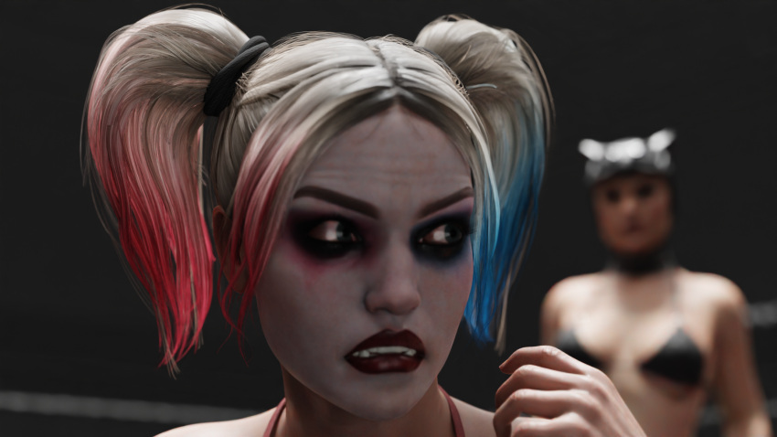 2girls 3d angry anti-heroine antiheroine athletic athletic_female batman_(series) big_breasts bikini black_hair blonde_female blonde_hair catfight catwoman catwoman_(injustice) crackedorb dc dc_comics eyebrows eyelashes eyes female female_only fit fit_female hair harley_quinn harley_quinn_(injustice) injustice_2 light_skin lips makeup multicolored_hair netherrealm_studios selina_kyle thief villain villainess wrestling wrestling_ring