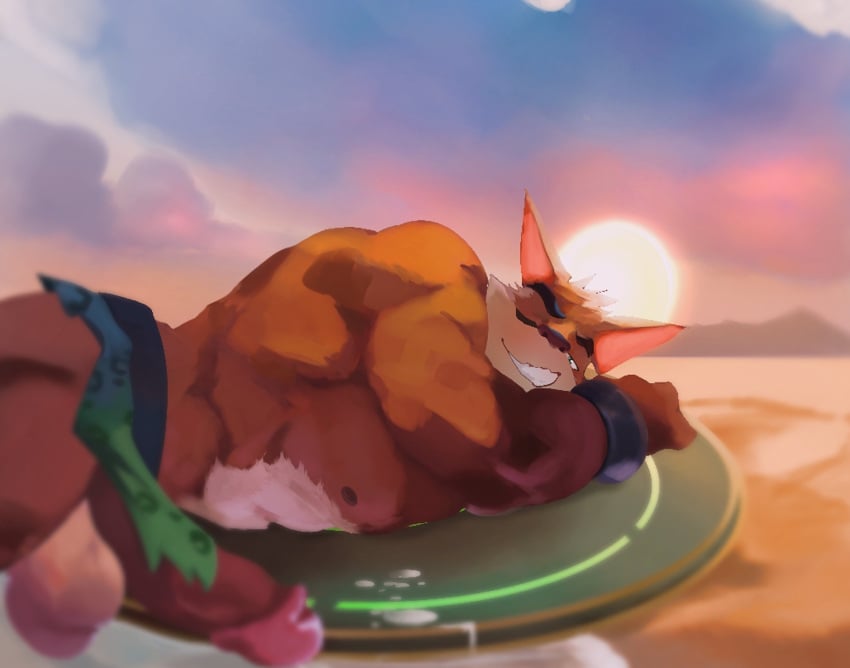 activision anthro b_art balls bara beach bodily_fluids crash_(series) crash_bandicoot_2:_cortex_strikes_back cum fur furry furry_only genital_fluids genitals hi_res looking_at_viewer male male_only muscular one_eye_closed penis seaside sleeping smile smirk solo summer sunset tiny_tiger wink