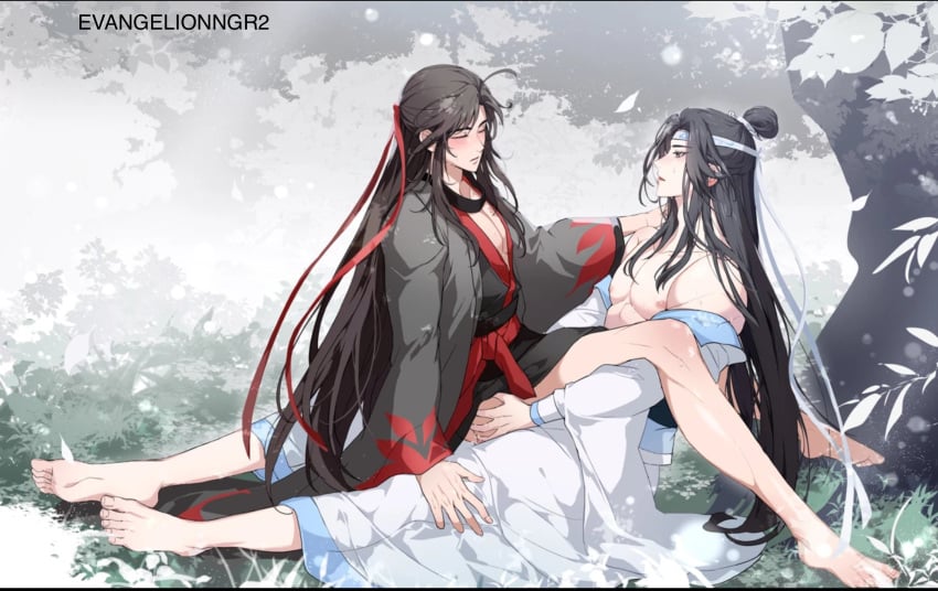 ass ass_grab bishonen black_hanfu canon_couple clothed_sex clothing gay gay_sex hanfu implied_anal lan_wangji long_hair_male love male_only mo_dao_zu_shi partially_clothed romantic romantic_couple sweat tender wei_wuxian white_hanfu wholesome yaoi