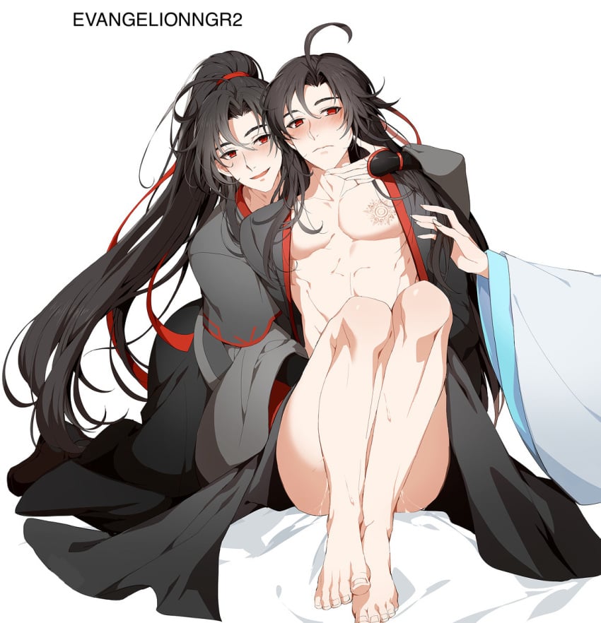 3boys bishonen black_hanfu canon_couple clothed_sex clothing duplicated_character gay gay_domination gay_sex gentle_maledom hanfu lan_wangji male_only maledom malesub mo_dao_zu_shi nude_male nyamuse open_hanfu playful precum smile soft_domination stolen_art wei_wuxian yaoi