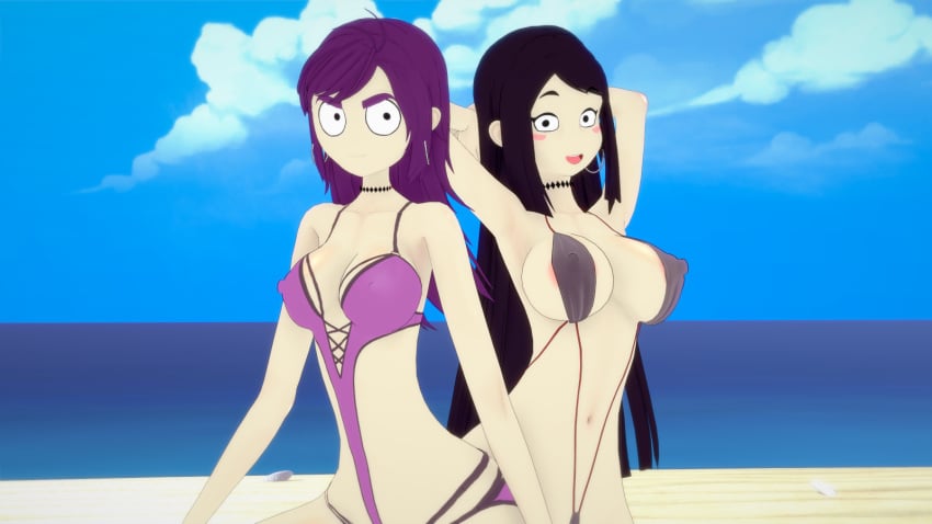 2girls beach big_breasts bikini clones edna_and_harvey_the_breakout edna_konrad erect_nipples female female_only koikatsu looking_at_viewer multiple_girls ocean pov pov_eye_contact swimsuit