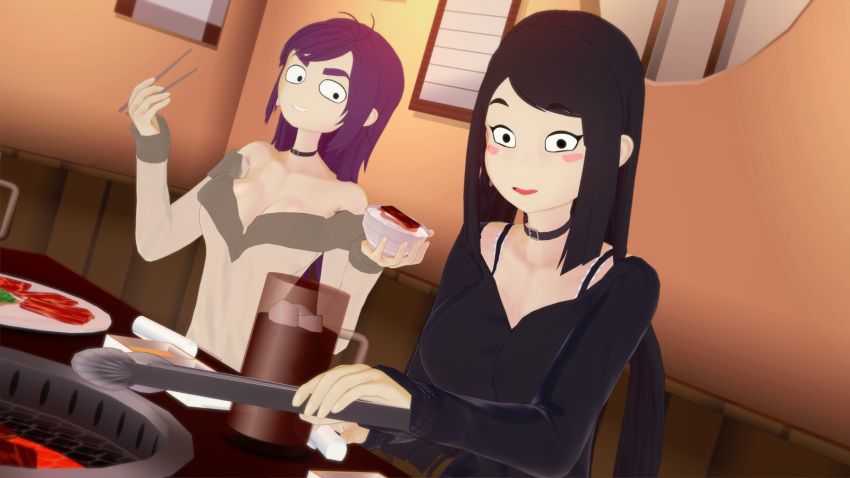 2girls big_breasts blush bra_strap cleavage clones date eating edna_and_harvey_the_breakout edna_konrad female female_only koikatsu looking_at_viewer pov pov_eye_contact