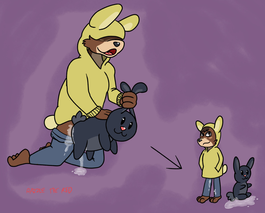 absurd_res ambiguous_gender anthro ass barefoot bear bodily_fluids bottomwear bunny_costume bunny_hood bunny_hoodie clothing costume cum cum_on_body cum_on_butt cum_on_ground cum_on_pants doggy_style duo feet from_behind_position genital_fluids grabbing_both_ears hi_res hood_over_eyes hood_up hoodie lagomorph leporid male male/ambiguous mammal pants plushie plushophilia rabbit razzle_the_red sex tail tail_tuft topwear tuft