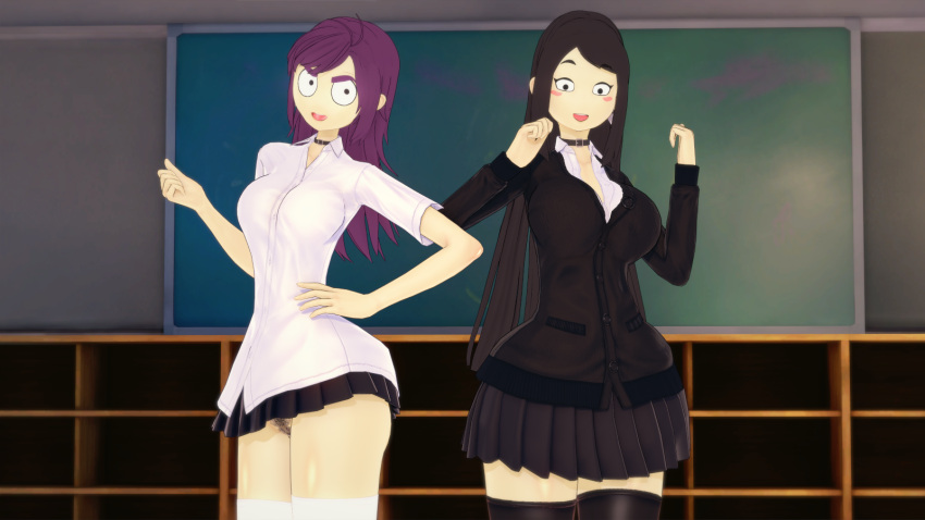 2girls big_breasts blush classroom cleavage clones edna_and_harvey_the_breakout edna_konrad female female_only hand_on_hip koikatsu looking_at_viewer panties short_dress skirt tease upskirt