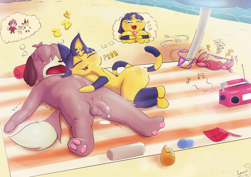 absurd_res after_sex animal_crossing ankha ankha_(animal_crossing) anthro beach bodily_fluids breast_play breasts canid canine canis cuddling cum digby_(animal_crossing) domestic_cat domestic_dog duo felid feline felis female flaccid genital_fluids genitals hair hair_over_eyes hi_res lecerf lying male male/female mammal nintendo nude on_back open_mouth paizuri penis purring seaside sex sleeping thought_bubble titjob