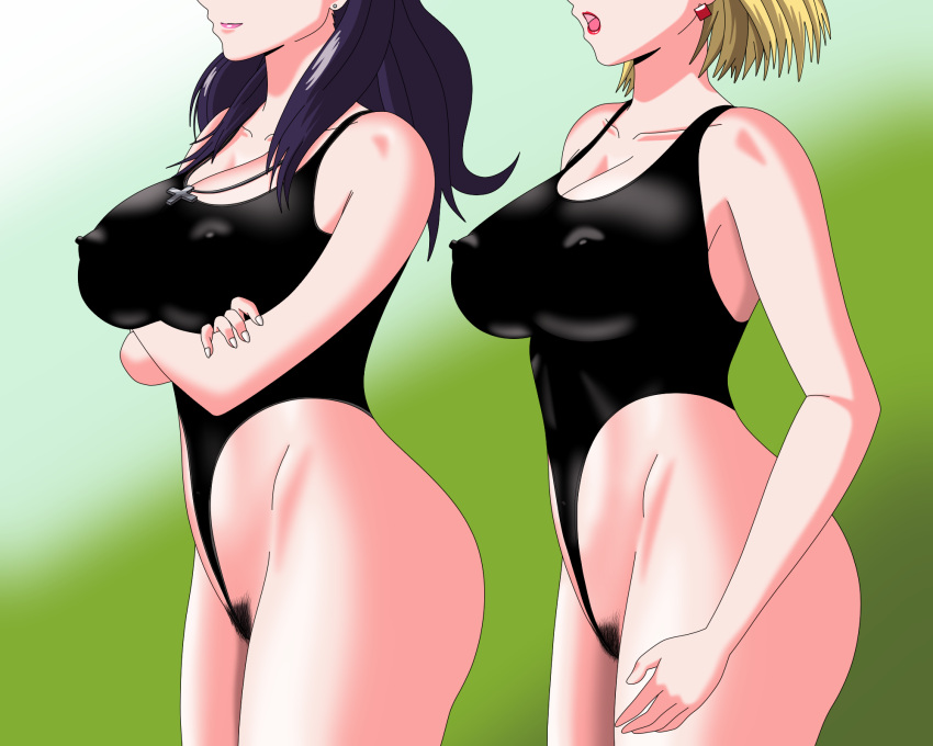 2girls artist_request ass big_breasts blonde_hair breasts curvy earrings female female_only gainax human large_breasts light-skinned_female light_skin long_hair misato_katsuragi multiple_girls neon_genesis_evangelion nipple_bulge pubic_hair purple_hair ritsuko_akagi scientist short_hair swimsuit thick_thighs wide_hips