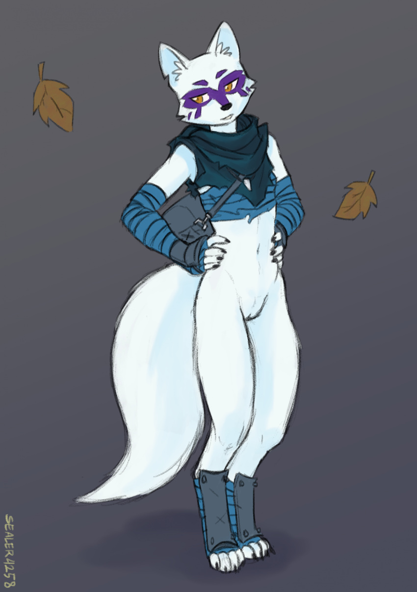 2023 alopex anthro anthro_only arctic_fox arm_wraps bottomless bottomless_anthro bottomless_female canid canine clothed clothing facial_markings female fox full-length_portrait fur genitals grey_background hands_on_hips head_markings hi_res mammal markings mask_(marking) portrait pussy sealer4258 simple_background solo standing teenage_mutant_ninja_turtles white_body white_fur wraps