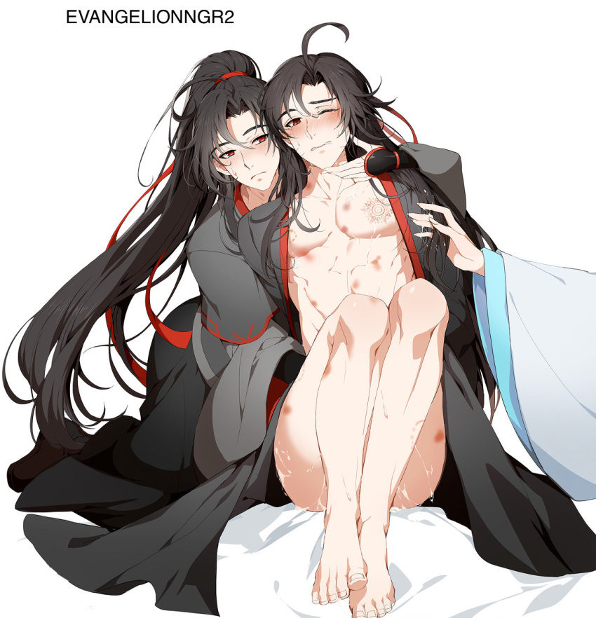 3boys bishonen black_hanfu bruises canon_couple clothed_sex clothing cum cum_on_ass duplicated_character gay gay_domination gay_sex gentle_maledom hanfu lan_wangji male_only maledom malesub mo_dao_zu_shi nude_male nyamuse open_hanfu playful precum smile soft_domination stolen_art wei_wuxian yaoi