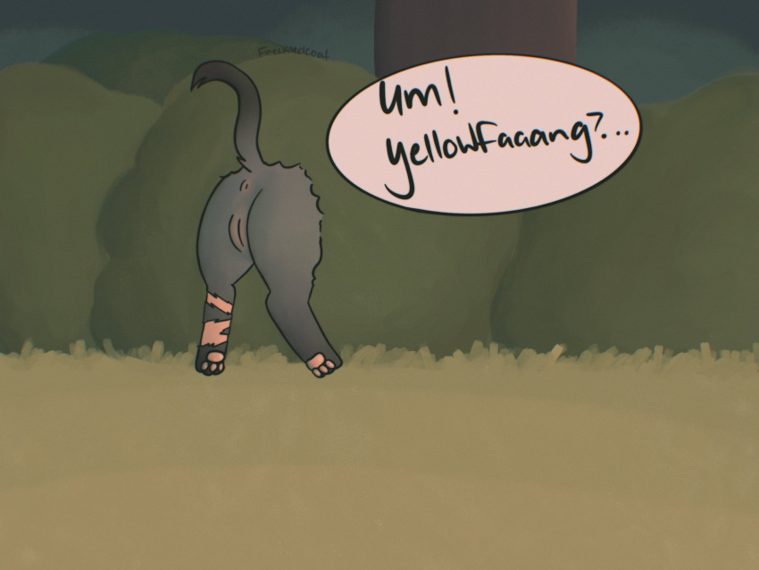 2022 anus artist_name butt_only cinderpelt_(warriors) detailed_background dialogue domestic_cat english_text felid feline felis female feral freckledcoat genitals grass hi_res leg_scar mammal plant pussy scar searching solo text tree warriors_(cats)