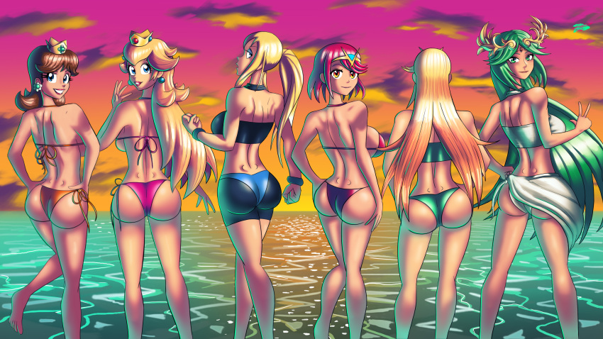 6girls ass back backboob bikini blonde_hair blue_eyes brown_hair butt crossover crown earrings female female_only flower_earrings green_hair kid_icarus light-skinned_female light_skin lineup lips lipstick long_hair looking_at_viewer looking_back looking_back_at_viewer mario_(series) metroid multiple_girls mythra nintendo ocean palutena platinum_blonde_hair ponytail princess_daisy princess_peach pyra rear_view red_hair samus_aran short_hair shoulder_length_hair sideboob swimsuit twisted4k very_long_hair xenoblade_(series) xenoblade_chronicles_2