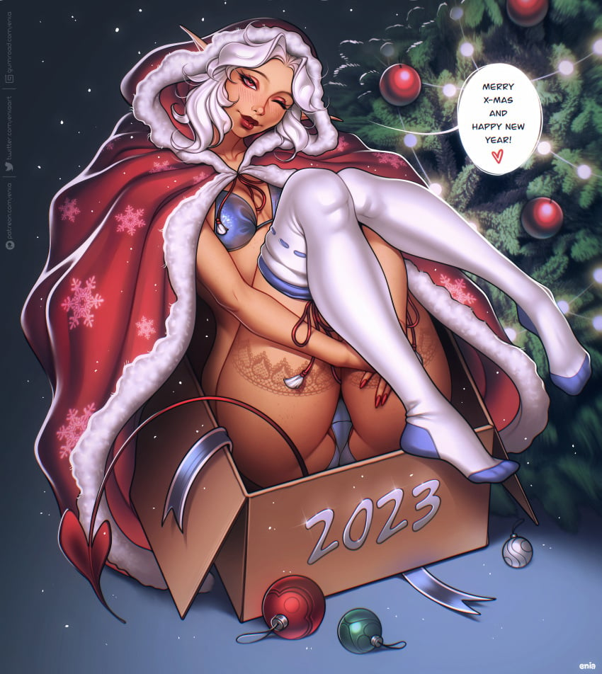 christmas christmas_clothing christmas_outfit christmas_present christmas_tree commission demon demon_girl enia final_fantasy final_fantasy_xiv fluffy_pic humanoid long_ears looking_at_viewer panties pink_eyes shy small_breasts thighhighs white_hair white_socks