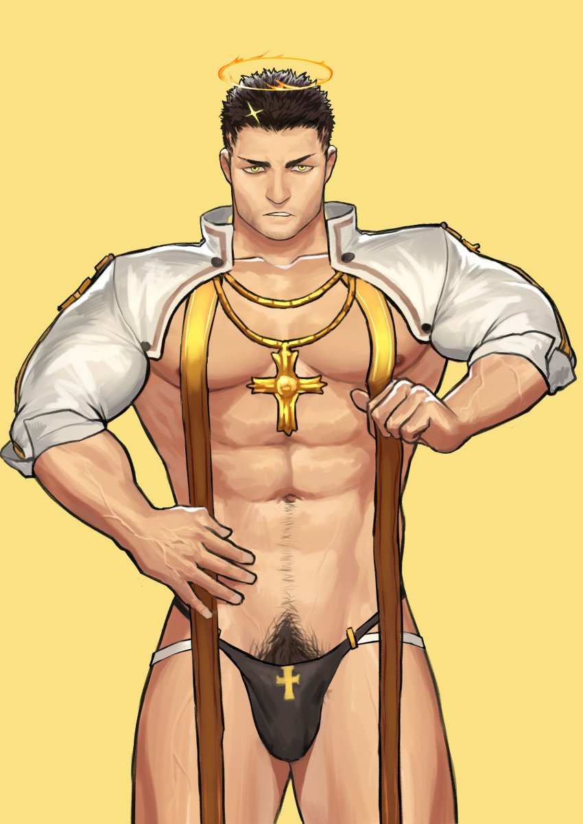 baimeme baimeme1 balls bara black_hair bulge cross_necklace facial_hair halo human human_only male male_only muscles muscular necklace penis solo solo_male source_removed thong tokyo_afterschool_summoners yellow_eyes zabaniyya_(tokyo_afterschool_summoners)