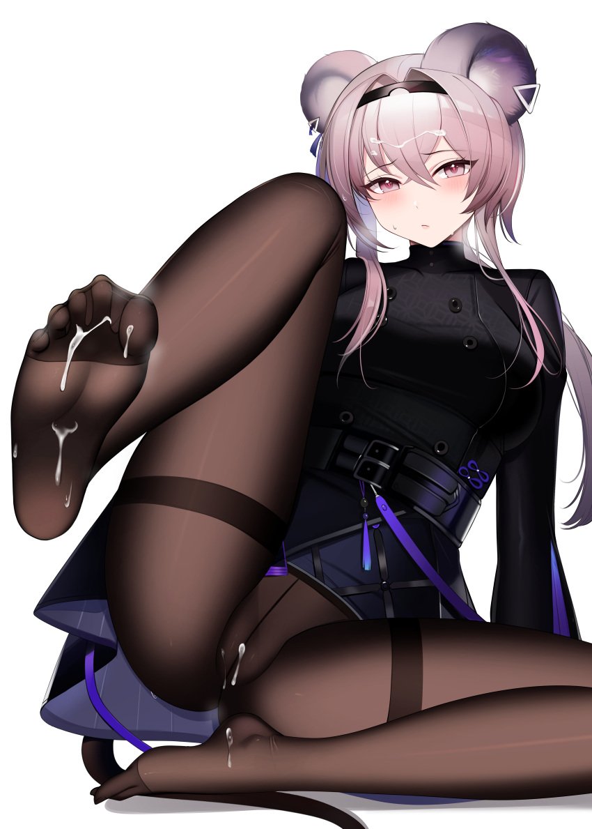 1girls absurdres animal_ear_fluff animal_ears arknights ateoyh belt black_belt black_coat black_hairband blush breasts breath brown_pantyhose buttons cameltoe chinese_commentary closed_mouth coat crotch_seam cum cum_on_body cum_on_clothes cum_on_feet cum_on_hair double-breasted earclip embarrassed feet female female_only foot_focus frown full_body furrowed_brow grey_hair hair_between_eyes hair_intakes hairband heart heart-shaped_pupils heavy_breathing highres light-skinned_female light_skin lin_yuhsia_(arknights) looking_at_viewer medium_breasts mouse_ears mouse_girl mouse_tail multiple_belts no_pants no_shoes pantyhose ponytail purple_eyes short_hair_with_long_locks sidelocks simple_background sitting solo solo_female spread_legs steaming_body sweatdrop symbol-shaped_pupils tassel thighband_pantyhose white_background