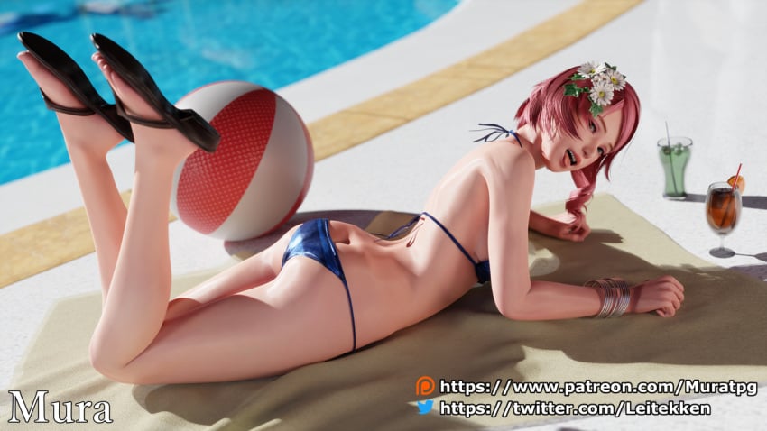 1girls 3d alisa_bosconovitch alluring armband ass_cleavage beach_ball bikini blender butt_crack cocktail drill_hair female flower_in_hair hairpin legs mura_tpg namco on_stomach pink_hair poolside relaxing sandals short_hair swimming_pool tekken tekken_7 tekken_tag_tournament_2 tongue_out