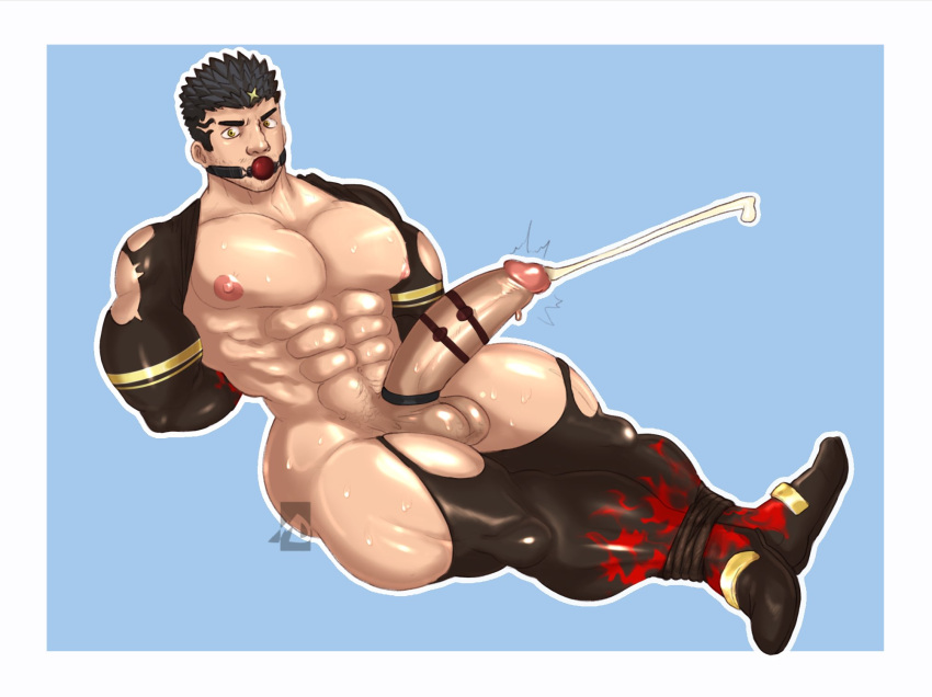 ball_gag balls bara big_balls big_penis black_hair boner bound_ankles erection facial_hair halo hands_behind_back huge_cock male male_only millzdick muscles muscular penis solo solo_male sweaty tokyo_afterschool_summoners vibrator vibrator_on_penis yellow_eyes zabaniyya_(tokyo_afterschool_summoners)