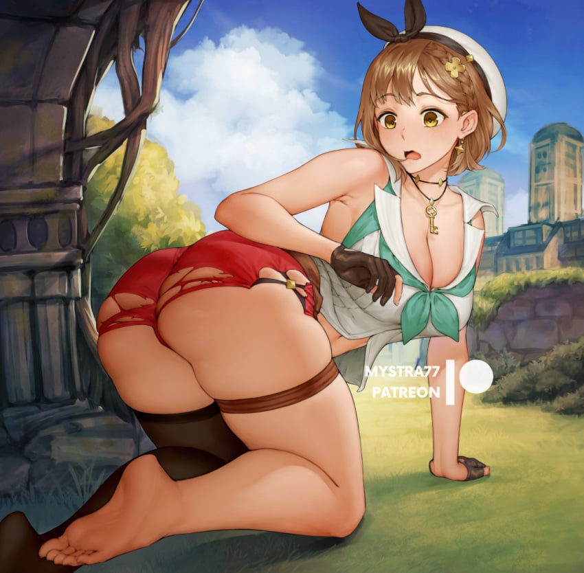 1girls all_fours ass atelier_(series) atelier_ryza breasts brown_hair butt female female_only hat looking_back minishorts mystra77 reisalin_stout ripped_clothing ripped_shorts short_hair shorts solo surprised thick_thighs wardrobe_malfunction