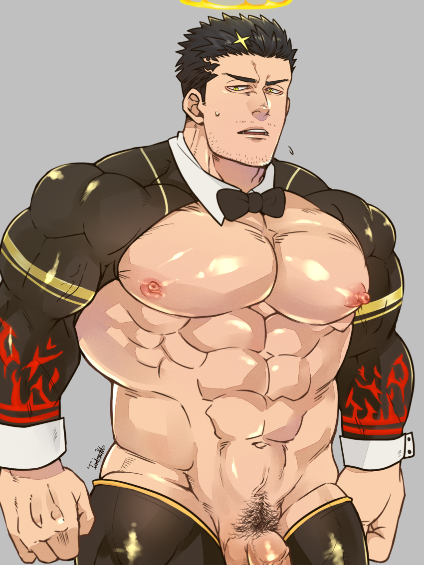 balls bara big_pecs black_hair facial_hair halo male male_only muscles muscular penis solo solo_male tokyo_afterschool_summoners xxx___13 yellow_eyes zabaniyya_(tokyo_afterschool_summoners)