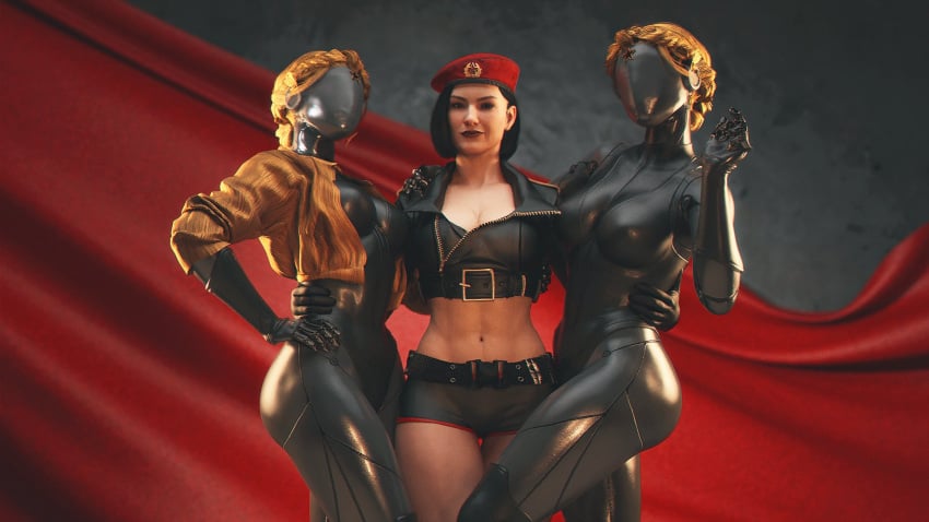 3d 3girls ass ass_focus atomic_heart background beret black_body blonde_hair boots braided_hair cleavage command_and_conquer crossover curvy dieselpunk digital_media_(artwork) faceless_character faceless_female female female_only gina_carano glistening glistening_body grey_body hair hand_on_hip hand_on_waist human humanoid left_(atomic_heart) looking_at_viewer machine metallic_body natasha_volkova navel not_furry red_alert_(video_games) red_alert_3 right_(atomic_heart) robot robot_humanoid robotics shiny_skin short_hair shorts sibling standing the_twins_(atomic_heart) topwear twins word2