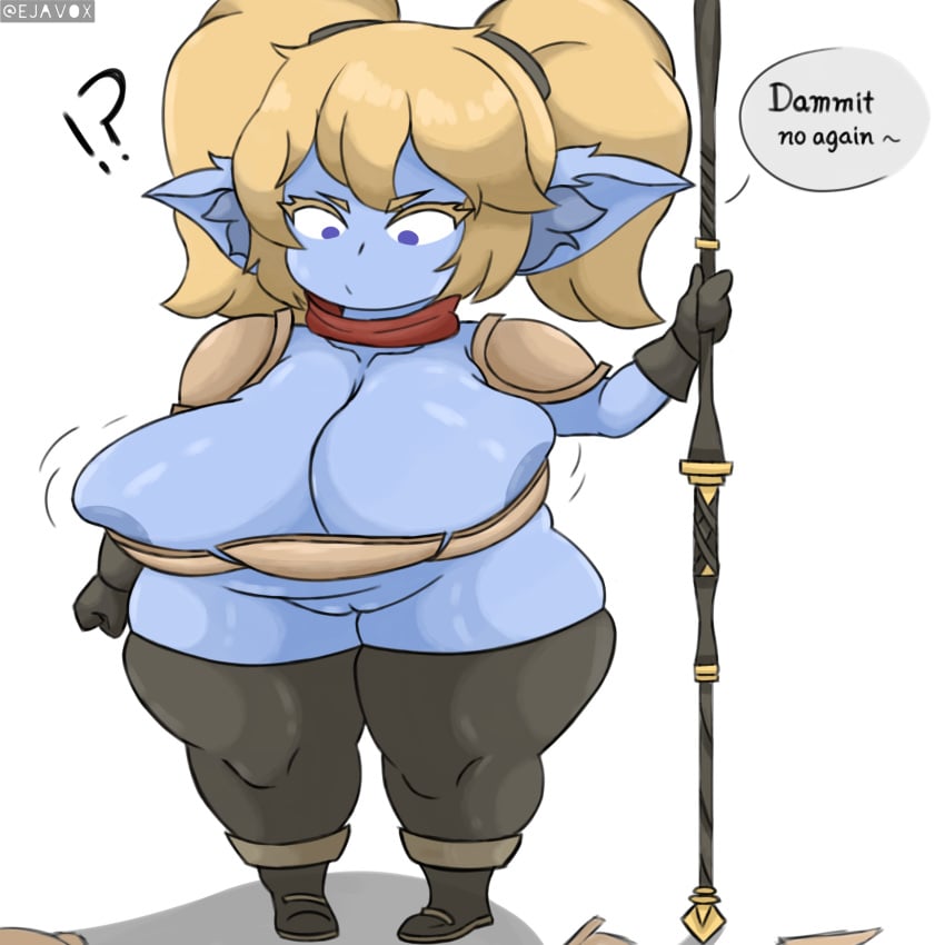 armor big_ass big_breasts big_butt big_nipples blue_body breast_expansion ejavox league_of_legends petite_body poppy public_nudity shortstack shy yellow_hair yordle