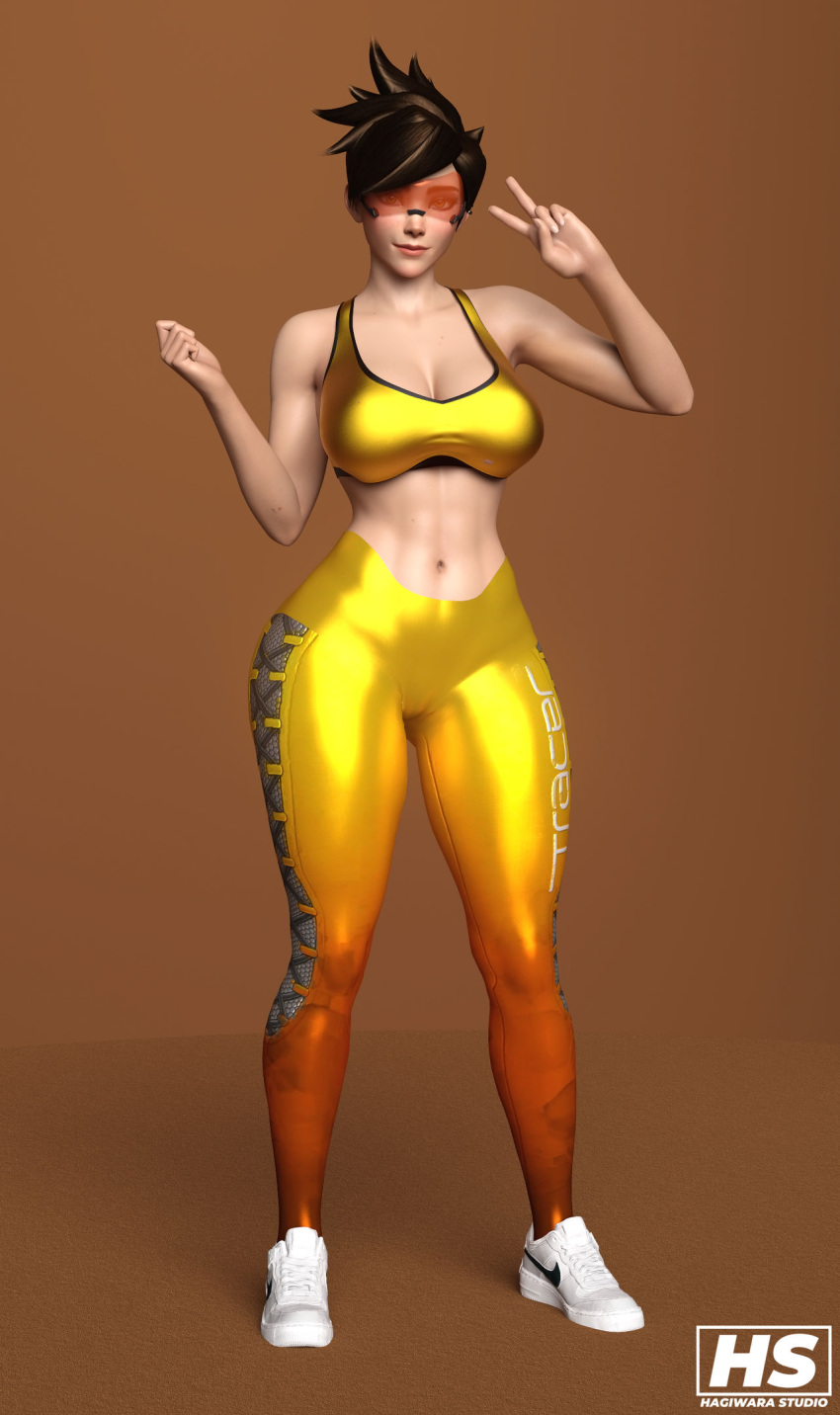 1girls 3d abs big_breasts blizzard_entertainment brown_hair cameltoe cleavage female female_only fully_clothed gym_clothes hagiwara_studio lena_oxton muscular_female nike orange-tinted_eyewear orange_glasses overwatch pose solo solo_female sports_bra thick_thighs tight_clothing tinted_eyewear tracer visor yoga_pants