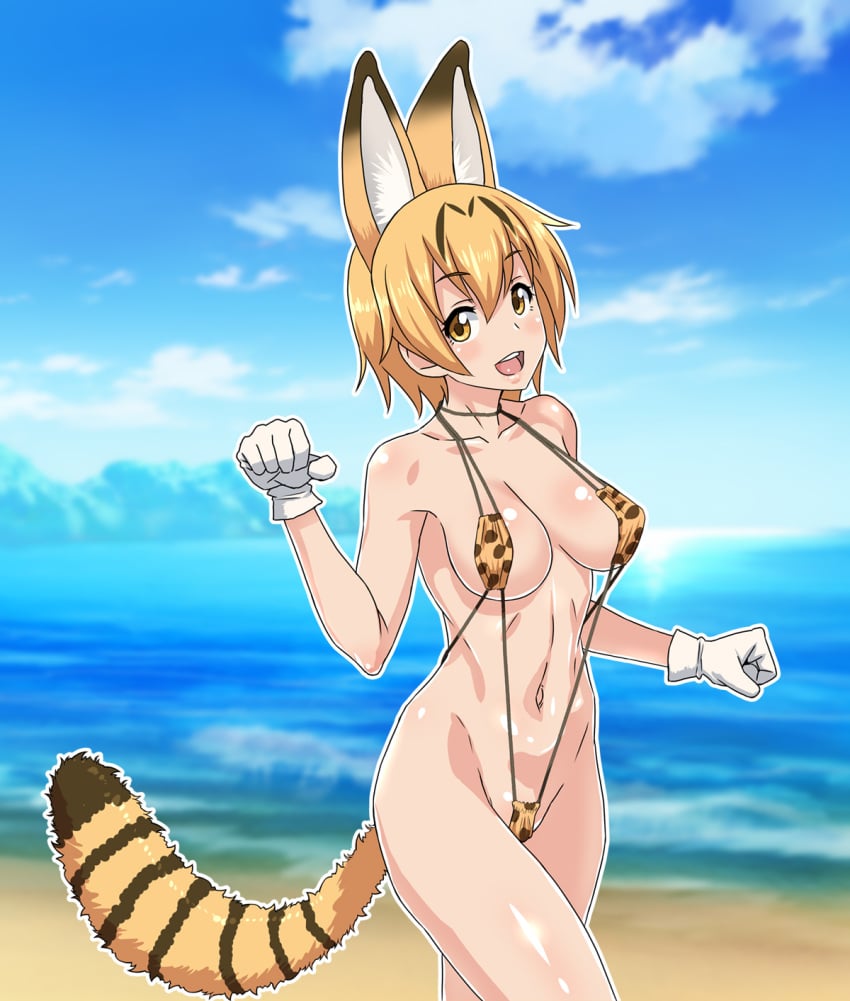 1girls :d animal_ears beach bikini blonde_hair blurry blush breasts brown_eyes circle_echime cloud collarbone cowboy_shot day depth_of_field gloves groin hair_between_eyes head_tilt hi_res highres kemono_friends medium_breasts navel open_mouth outdoors outline paw_pose serval_(kemono_friends) serval_tail sky slingshot_swimsuit smile solo striped_tail swimsuit tail water white_gloves