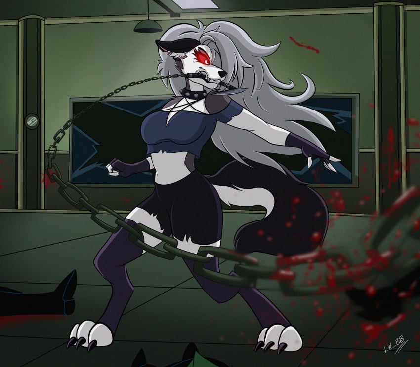 2021 4_toes 5_fingers angry anthro armwear black_body black_fur black_nose blood blood_on_weapon bodily_fluids bottomwear breasts canid canid_demon canine chains claws clenched_teeth clothing collar demon detailed_background eyebrows eyelashes eyeshadow fangs feet female fight fighting_pose fingers fluffy fluffy_tail fur grey_body grey_fur hair hellhound helluva_boss hi_res inner_ear_fluff kusarigama legwear long_hair long_tail looking_away loona_(helluva_boss) lw_88 makeup mammal multicolored_body multicolored_fur narrowed_eyes notched_ear pose pupils raised_arm red_sclera shorts slit_pupils solo spiked_collar spikes standing tail teeth toes topwear torn_clothing tuft watermark weapon weapon_in_mouth white_body white_eyes white_fur white_hair