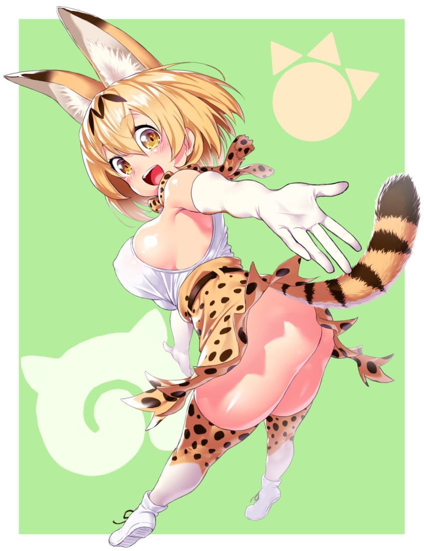 10s :d animal_ears belt blonde_hair blush commentary_request elbow_gloves extra_ears female full_body gloves green_background hair_between_eyes high-waist_skirt highres japari_symbol kemono_friends looking_at_viewer looking_back no_panties onsoku_inu open_mouth outstretched_arms print_legwear print_skirt serval_(kemono_friends) serval_print serval_tail short_hair skindentation skirt smile solo tail thighhighs white_footwear white_gloves white_thighhighs yellow_eyes yellow_skirt yellow_thighhighs