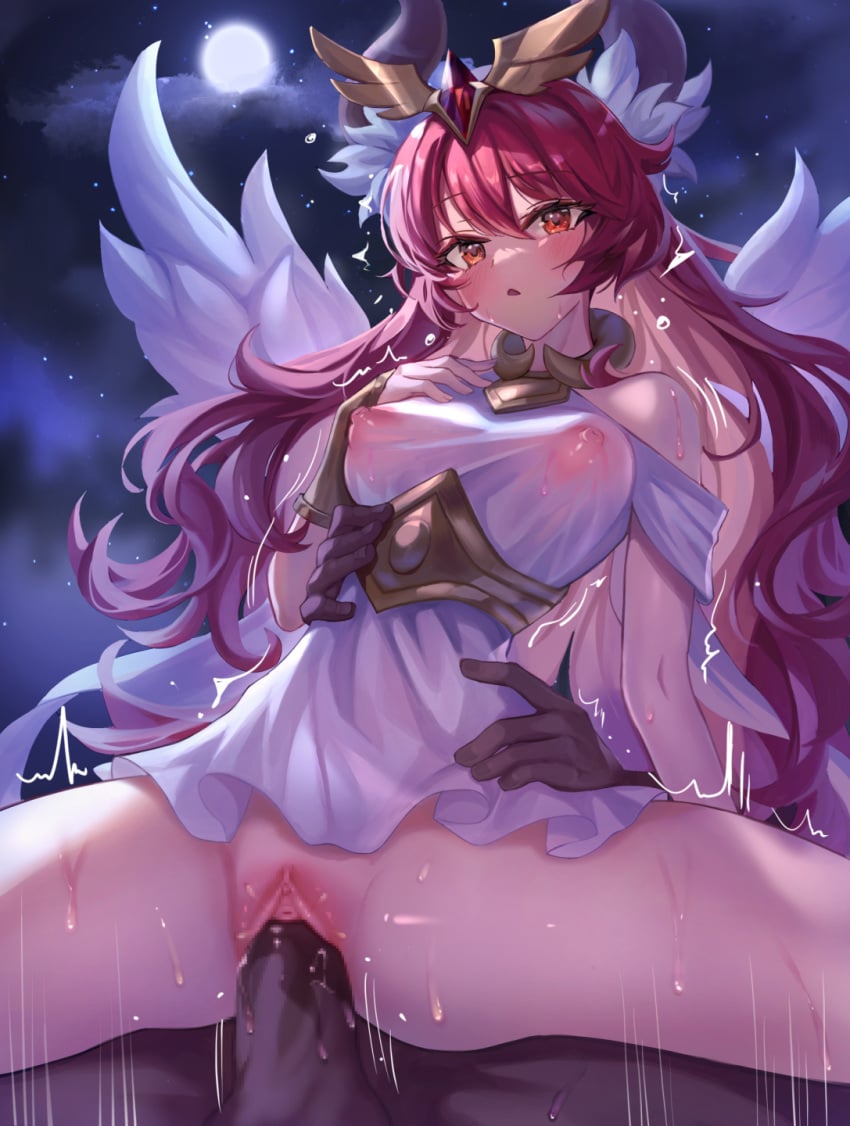 1boy aufheben_(maplestory) breasts cloud commission cowgirl_position dark-skinned_male dark_skin doco_(doco3811) dress female full_moon gem hair_ornament hand_on_own_chest highres long_hair maplestory moon motion_lines night night_sky open_mouth orange_eyes pixiv_commission pussy red_gemstone red_hair see-through sex sky straddling vaginal_penetration wet wet_clothes white_dress white_wings wings