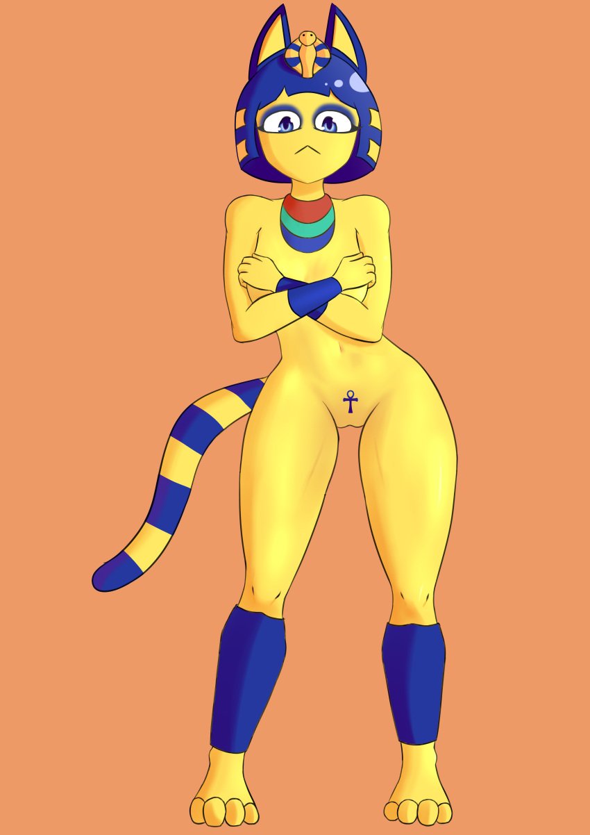 1girls :< animal_crossing ankha ankha_(animal_crossing) ankha_ride_(minus8) anthro black_eyes blue_eyeliner blue_eyes blue_hair bob_cut breasts cat_ears cat_girl cat_humanoid cat_tail catgirl chalathea collar completely_naked completely_nude completely_nude_female covering_breasts curvaceous curvy curvy_body curvy_female curvy_figure cute egyptian eyelashes eyeliner felid feline felis female female_only fringe fur furry furry_only hi_res looking_at_viewer medium_hair naked nintendo nude nude_female orange_background petite pussy short_hair shy skinny solo solo_female standing tail teenager thick_thighs vagina yellow_body yellow_fur