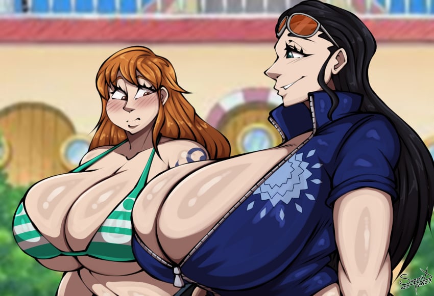 big_breasts blush blushing breasts cleavage female female_only huge_breasts nami nami_(one_piece) nico_robin one_piece post-timeskip smile smiling smirk smirking superix tagme