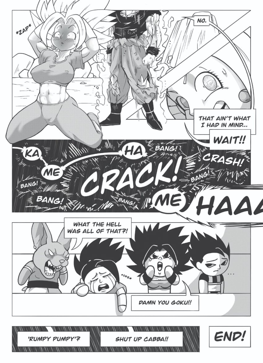 abs bare_midriff cabba caulifla champa cleavage comic dragon_ball dragon_ball_super end_page english_text female female_saiyan fusion god_of_destruction kale kefla legendary_super_saiyan male mini_comic monochrome monster_cock mrmlix multiple_boys muscular muscular_female muscular_male nipple_bulge saiyan son_goku super_saiyan super_saiyan_2 text ultra_instinct universe_6/universe_7 universe_6_saiyan/universe_7_saiyan