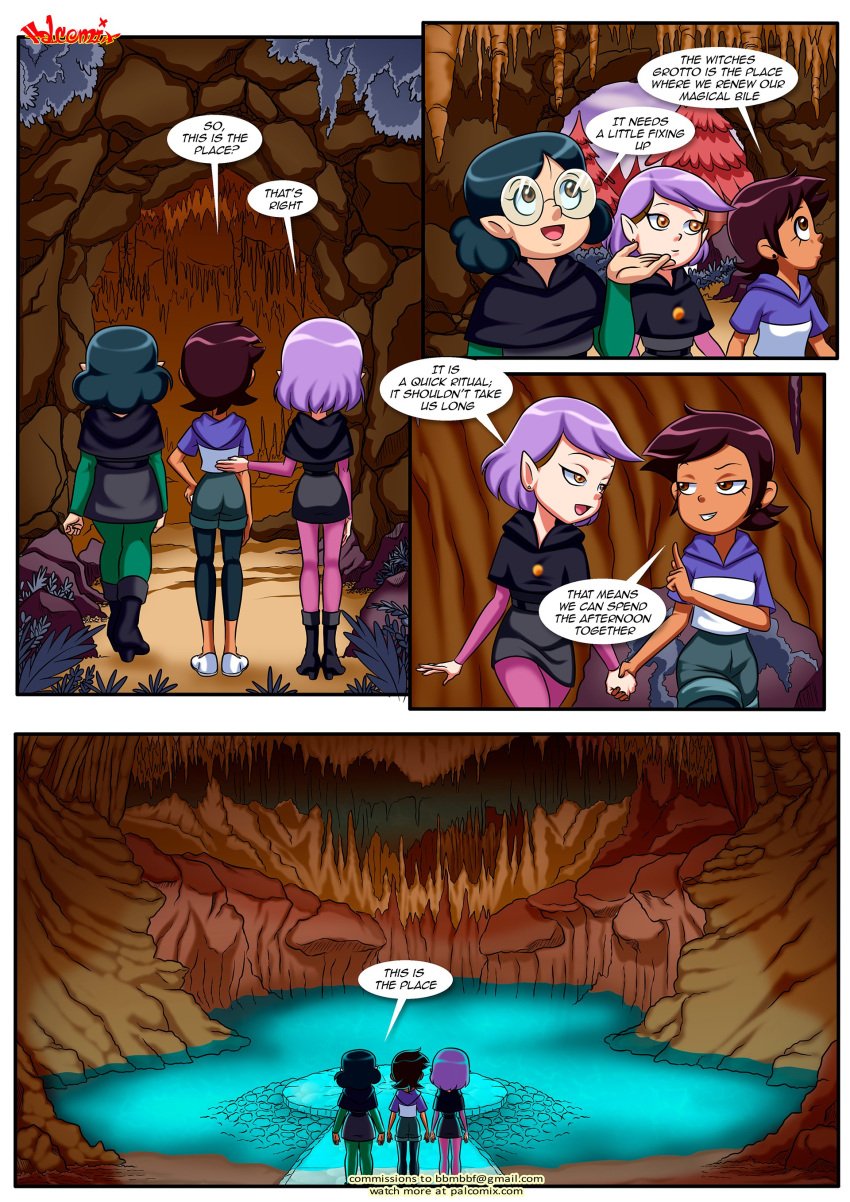 3girls amity_blight bbmbbf comic disney english_text female female_only luz_noceda multiple_girls palcomix purple_hair text the_owl_house willow_park witch's_grotto_(comic)