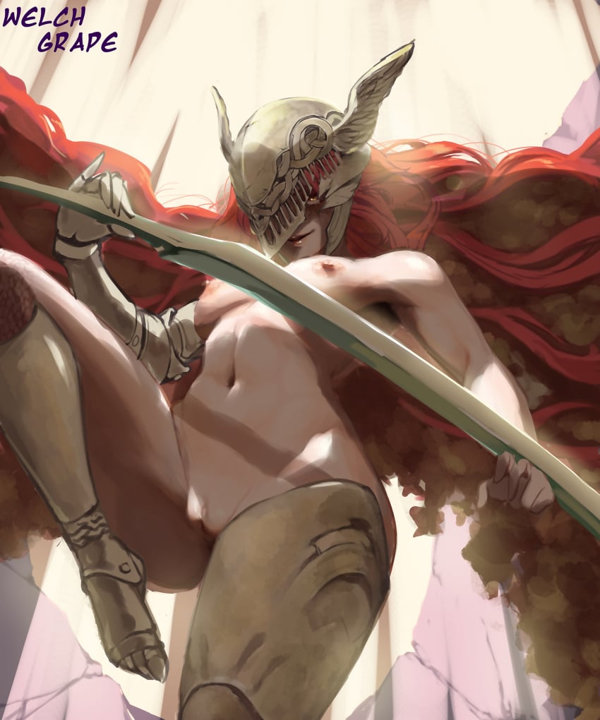 1girls armor big_ass big_breasts elden_ring empyrean feet female female_only femdom flying fromsoftware goddess helmet light-skinned_female light_skin malenia_blade_of_miquella nude prosthetic pussy red_hair sword weapon welch_grape wings