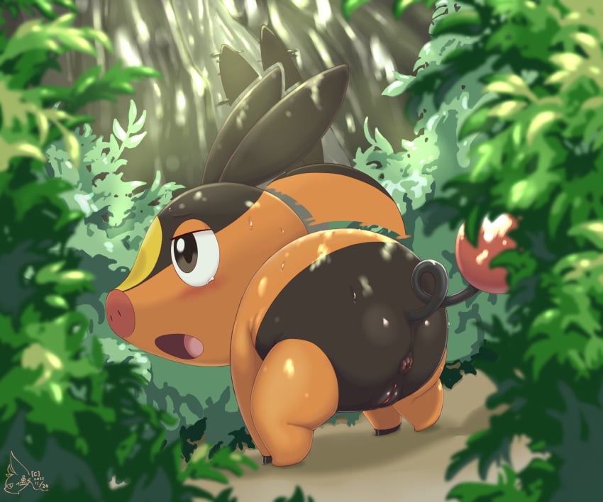 absurd_res anus ass black_body female feral generation_5_pokemon genitals hi_res nintendo nude open_mouth orange_body outside pokémon_(species) pokemon pokemon_(species) pussy sake_kemosalmon solo standing tepig